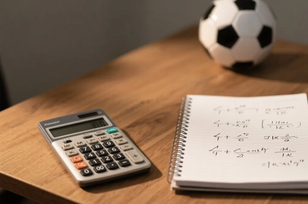 close-up of a financial calculator next to a paper notebook with math formulas and a generic soccer ball on a desk